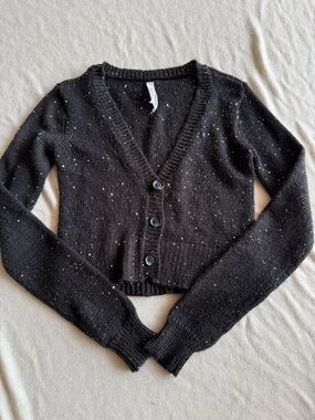 Aeropostale Black Speckled Sequined Button-Front Cropped Cardigan Size Small